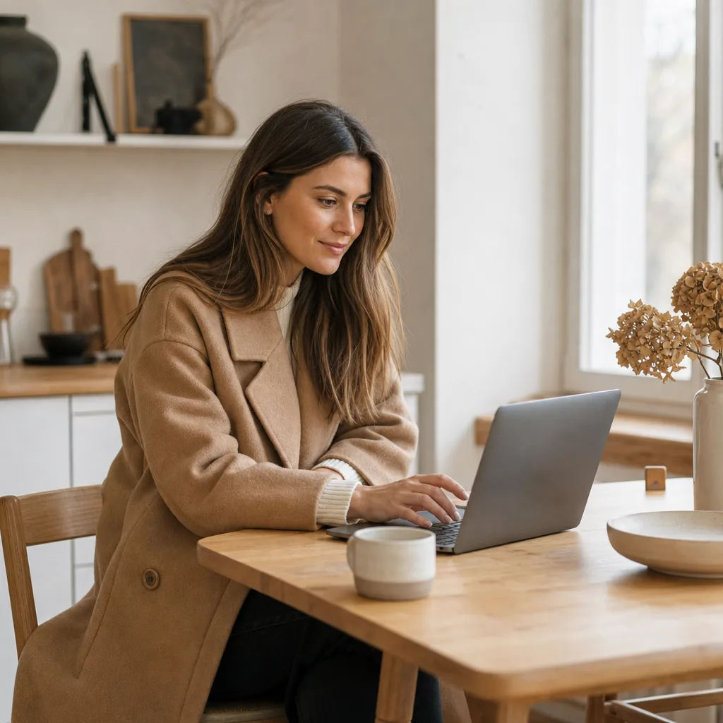 Kvinna i lång ullkappa browsear mode på laptop i nordiskt kök
