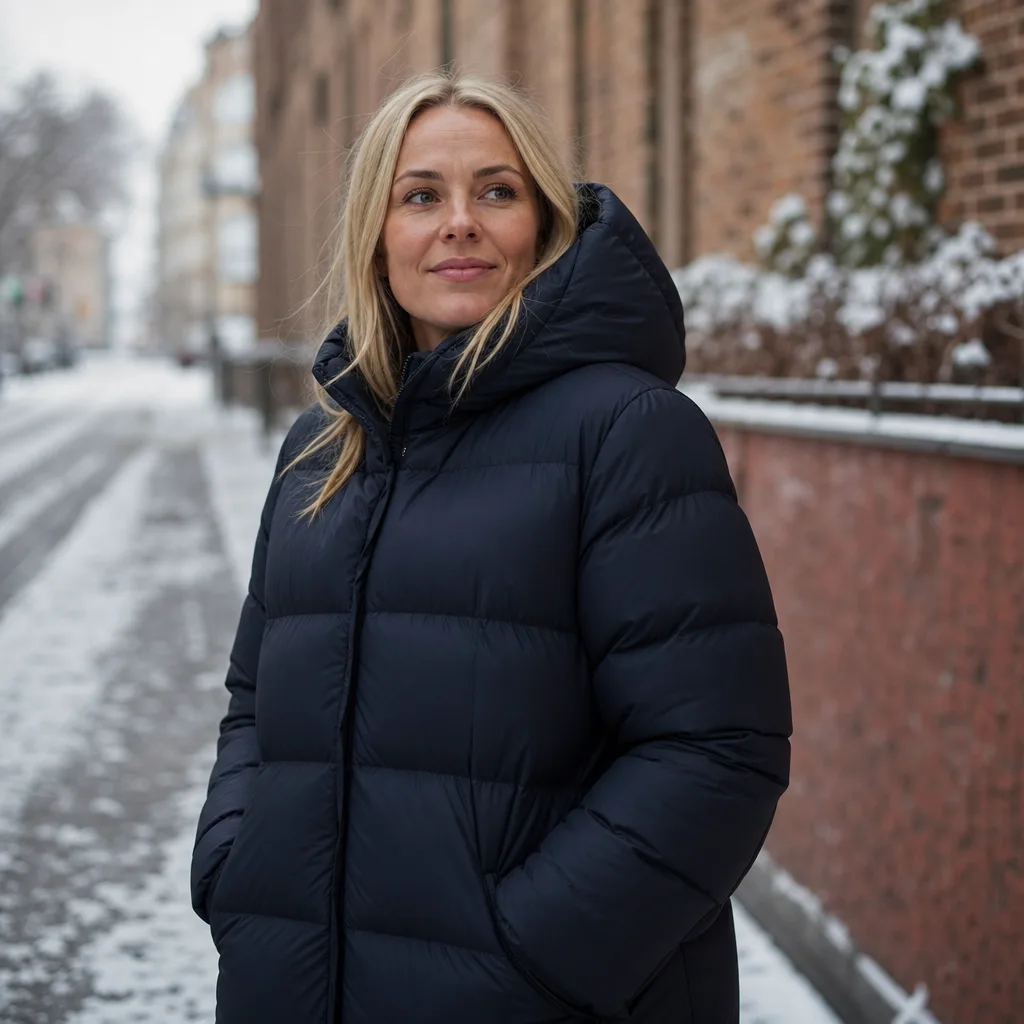 Kvinna i dunjacka på nordisk vintergata
