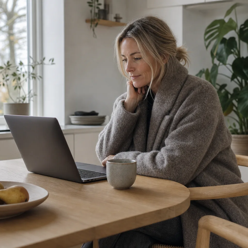Kvinna i vinterkappa sitter vid köksbordet och bläddrar bland kläder på en laptop