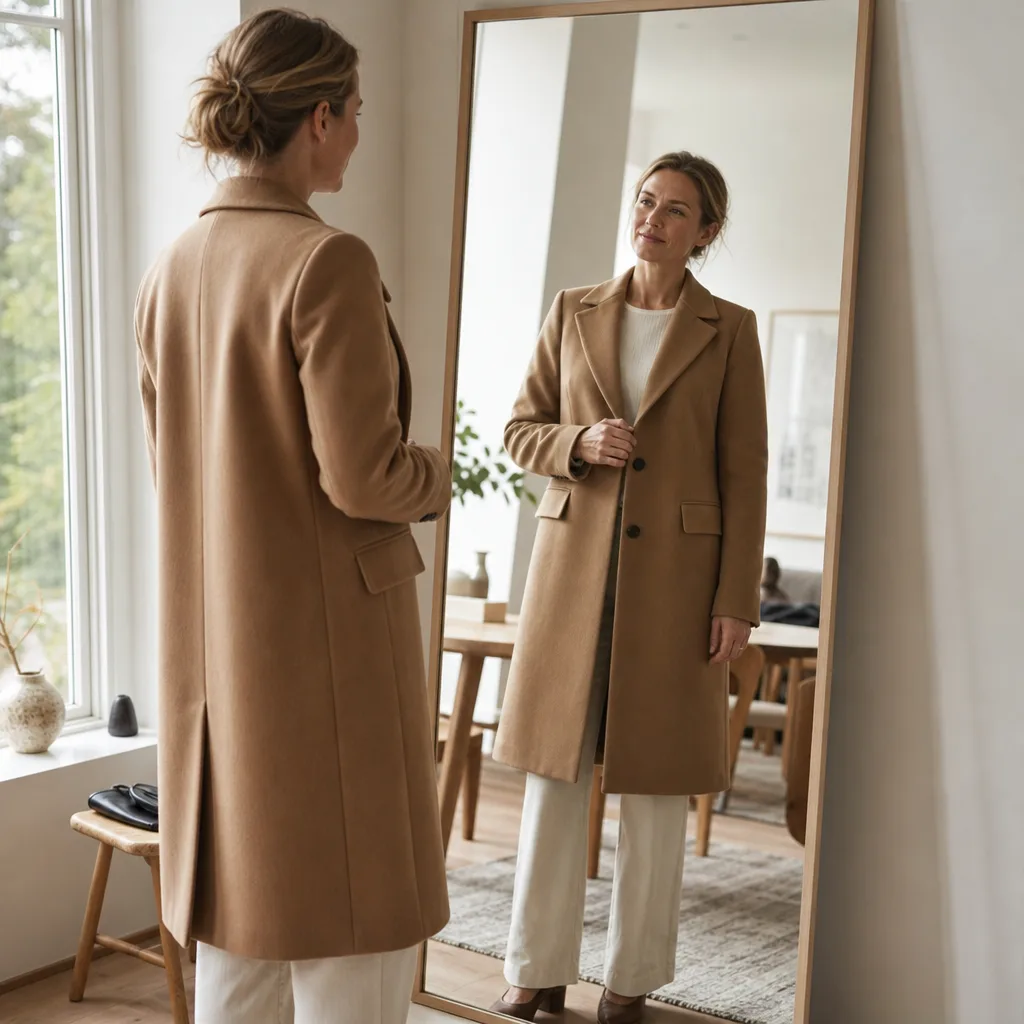 Kvinna provar lång elegent ullkappa framför spegel i nordisk heminredning