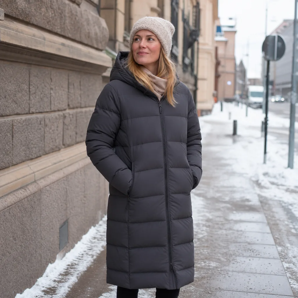 Kvinna i lång dunkappa på nordisk vintergata