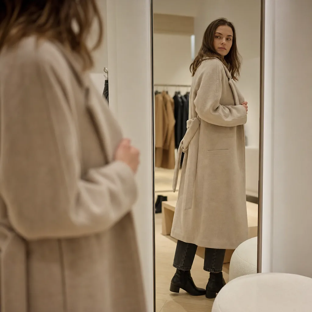 Kvinna provar beige ullkappa i nordisk butik