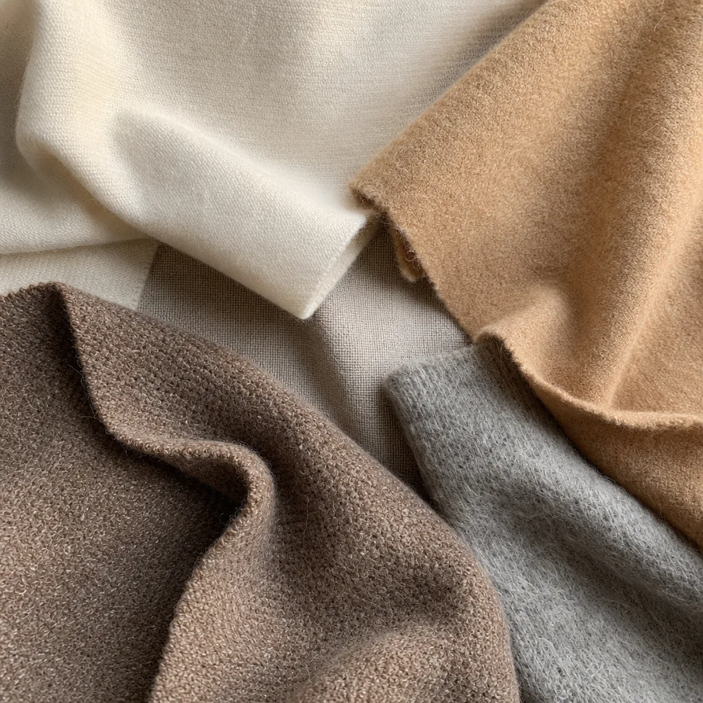 Ullprovstycken i merino, kashmir, lambswool och alpacka på naturligt linneunderlag
