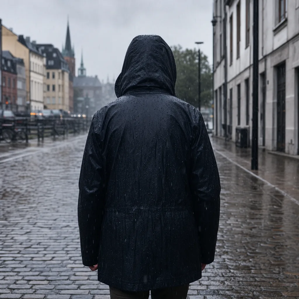 Person i mörk regnjacka vandrar i kraftigt regn på en skandinavisk gatsten – vatten pärlar av yttermaterialet