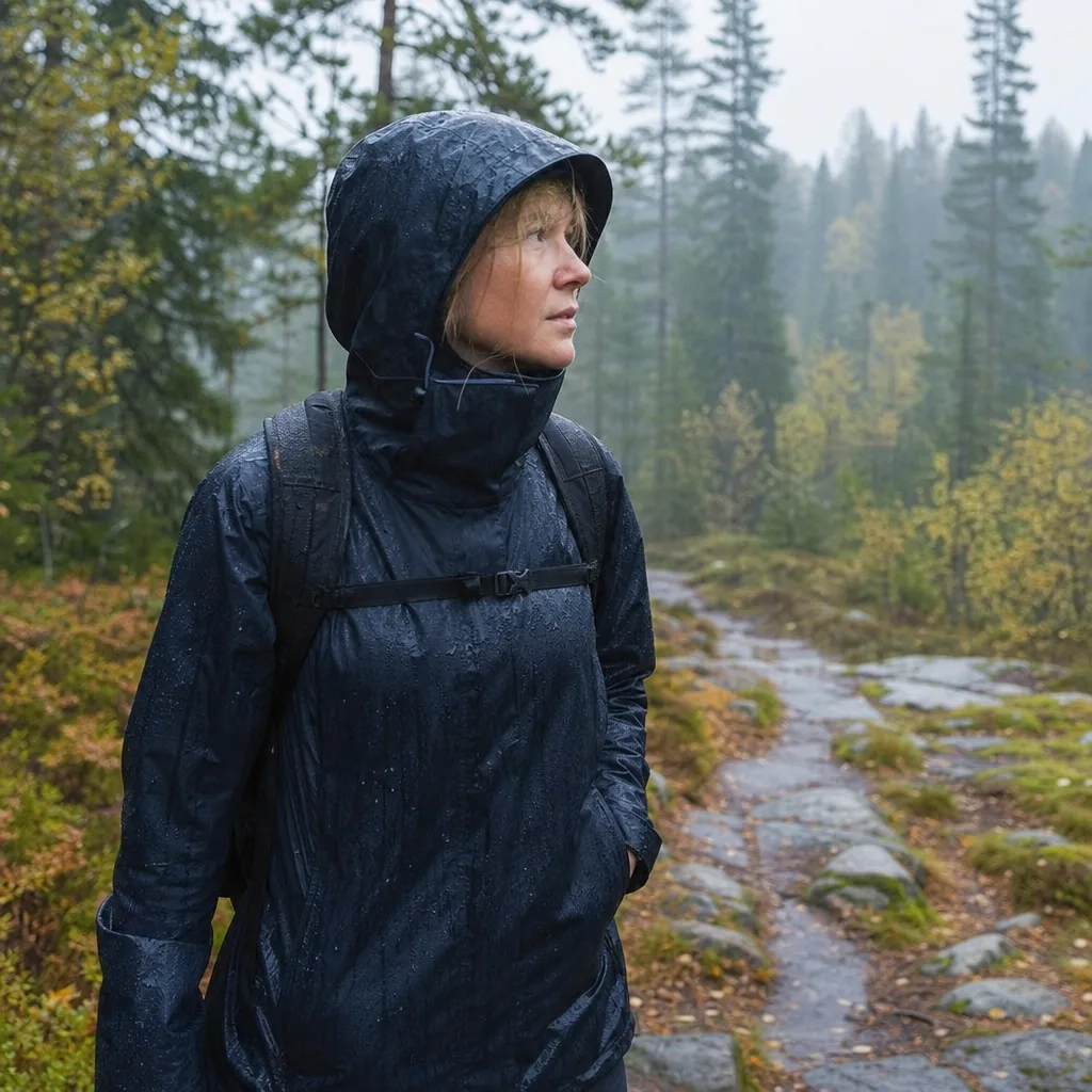 Person vandrar på skogsstig i regn med teknisk skaljacka med huva