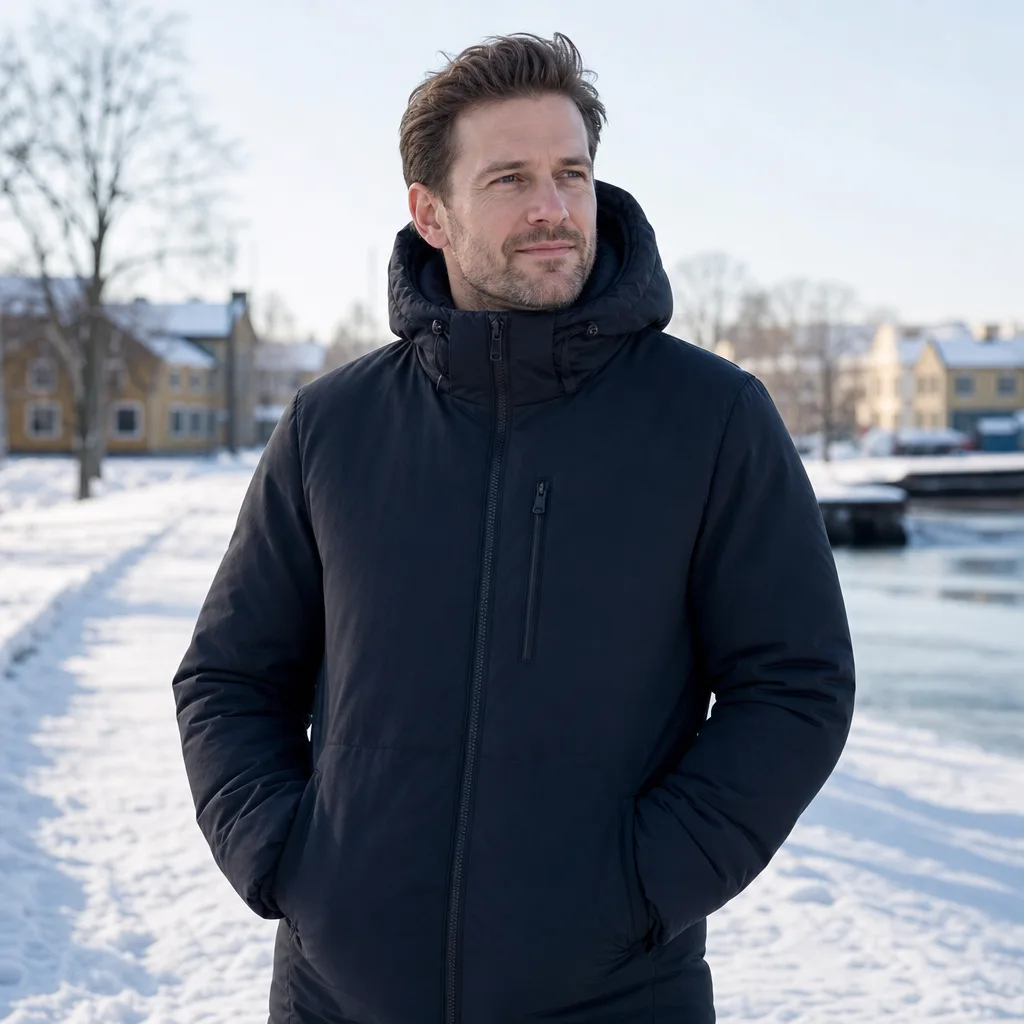 Man i varm vinterjacka med huva i nordisk vintermiljö med snö