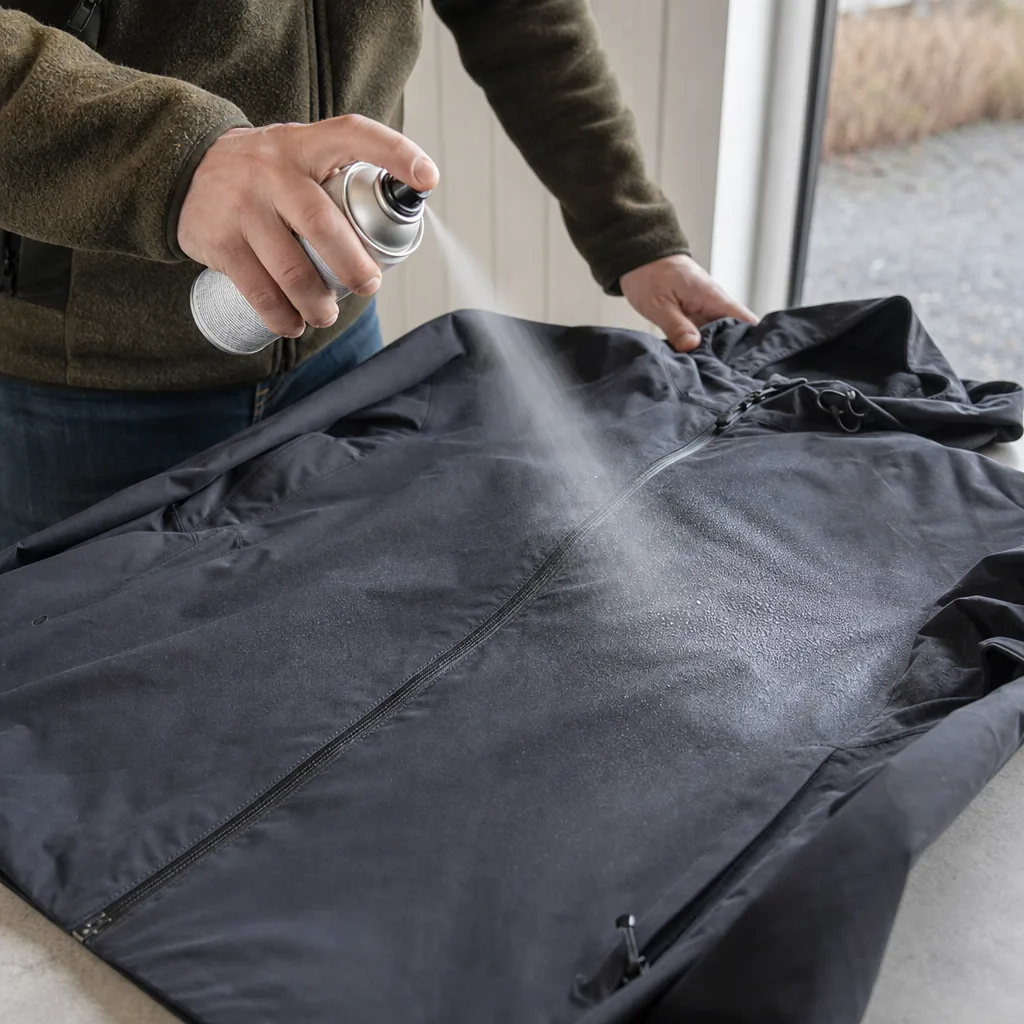 Person sprayar impregneringsmedel på en mörk utomhusjacka på ett bord