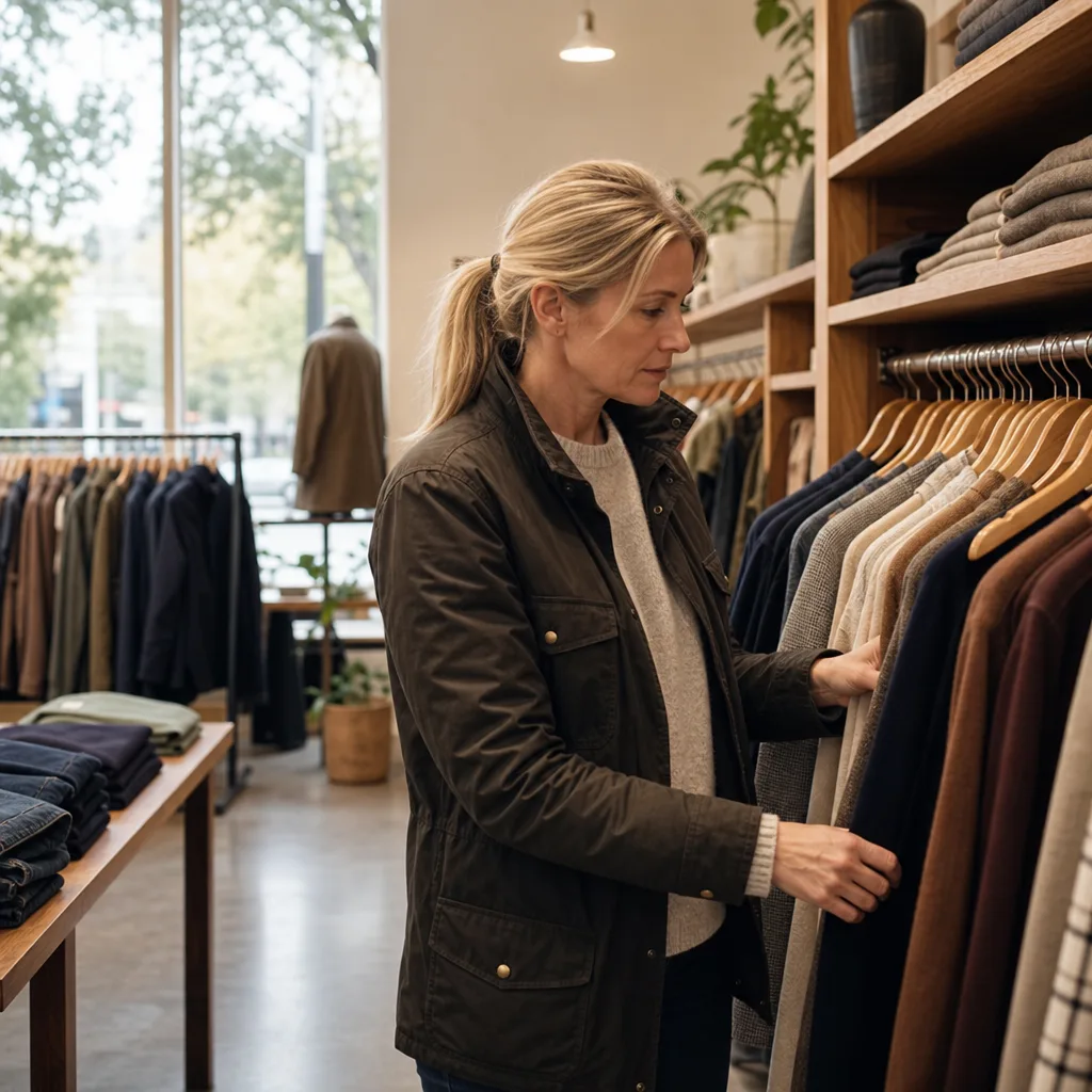 Kvinna provar ytterplagg i en nordisk märkesbutik med naturligt ljus och trägolv