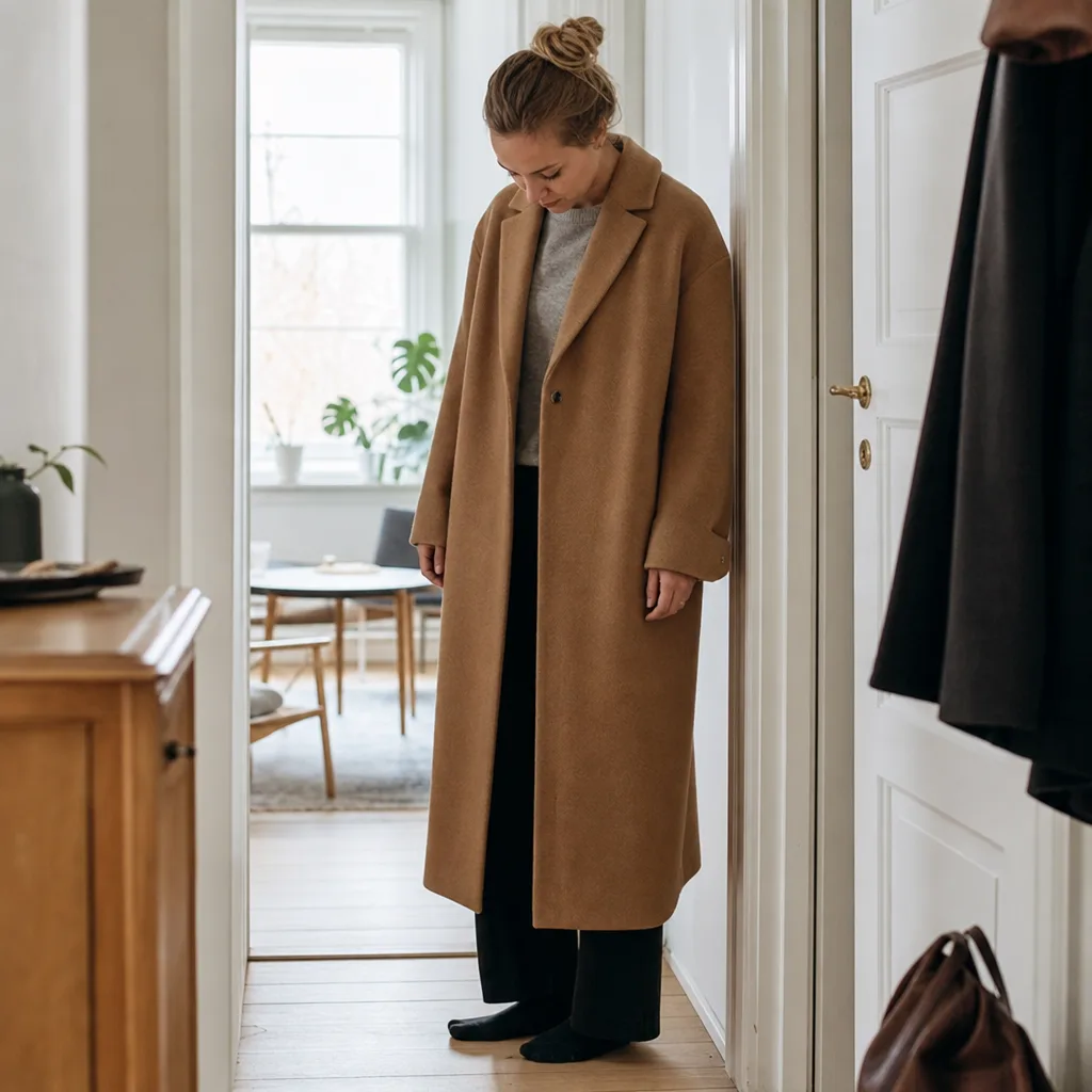 Kvinna provar en lång ullkappa i ett nordiskt hem för att bedöma längden