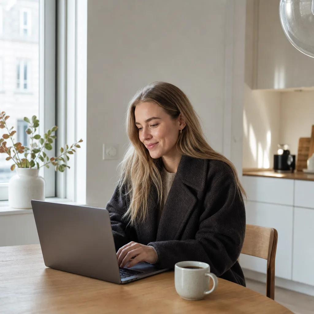 Kvinna i mörk ullkappa bläddrar bland kläder på laptop i nordiskt kök