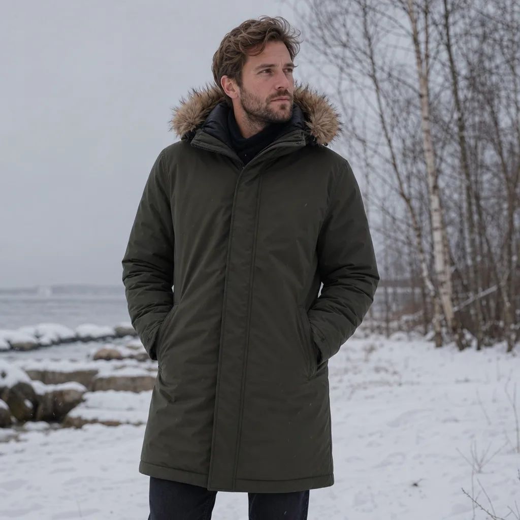 Person i knälång parkas med pälskantad huva i nordisk vintermiljö