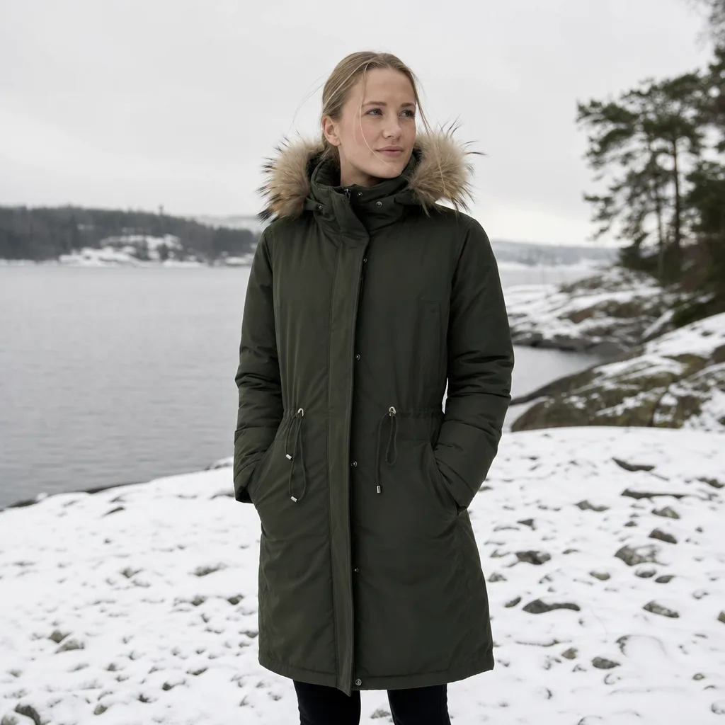 Person i lång olivgrön parkas med pälskantad huva i ett vinterlandskap med snö