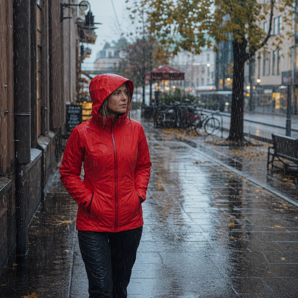 Person i gul regnjacka promenerar i kraftigt regn på en svensk stadsgata med pölar på asfalten