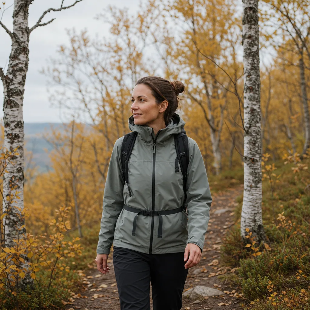 Kvinna vandrar i skogen iklädd teknisk skaljacka höst