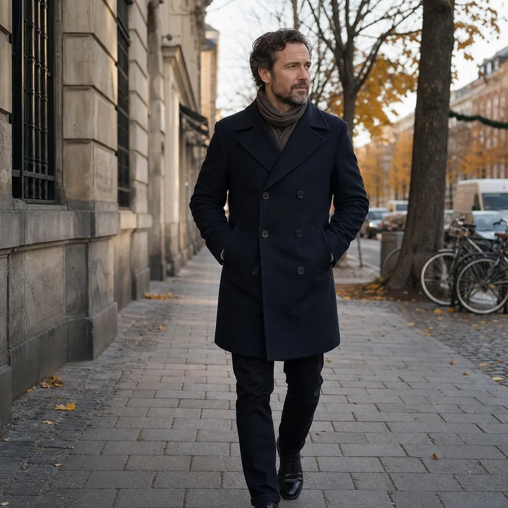 Man i klassisk marinblå paletå på höstgata i Sverige