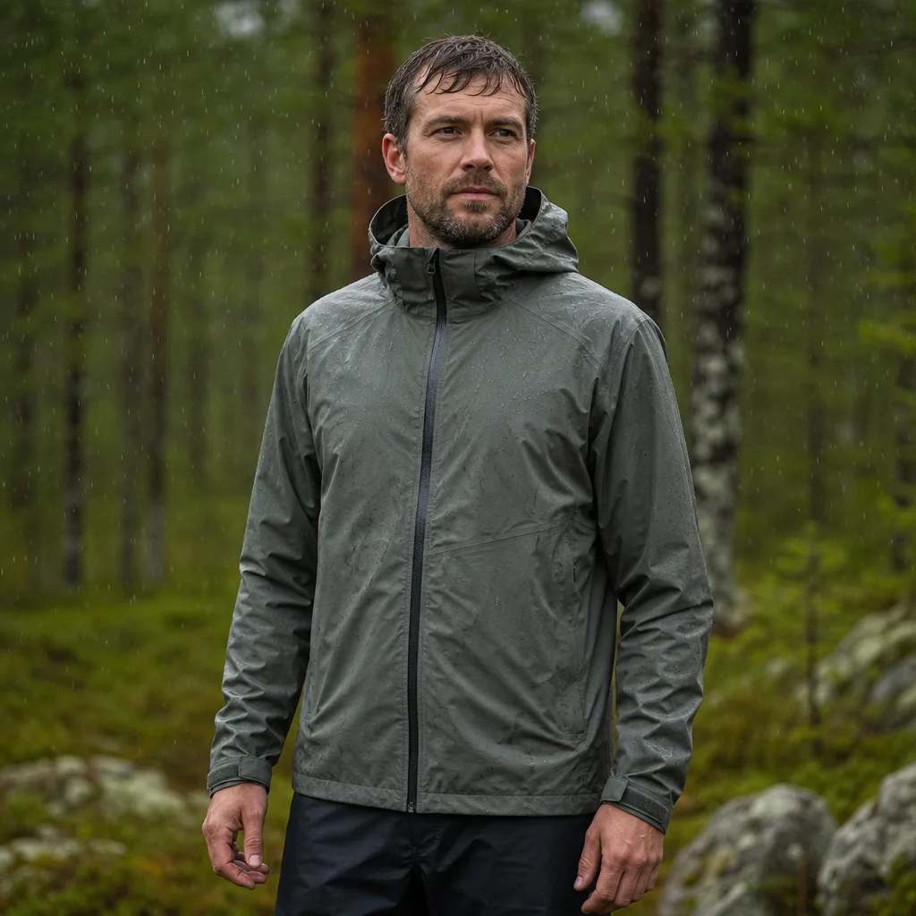 Person i hardshell skaljacka på vandring i svensk skog i regn