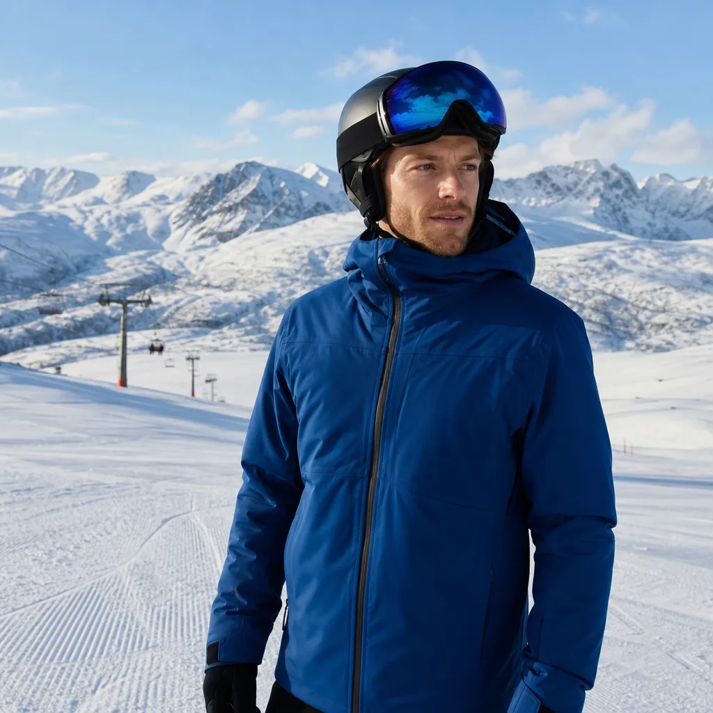 Person i skidjacka på snötäckt alpinpist med fjäll i bakgrunden