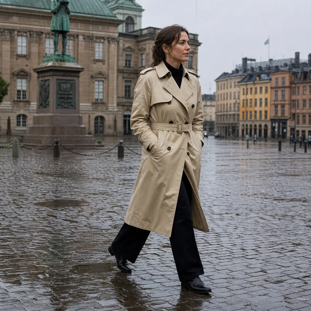 Kvinna i klassisk beige trenchcoat med knytskärp på regnvåt gatsten i svensk stad