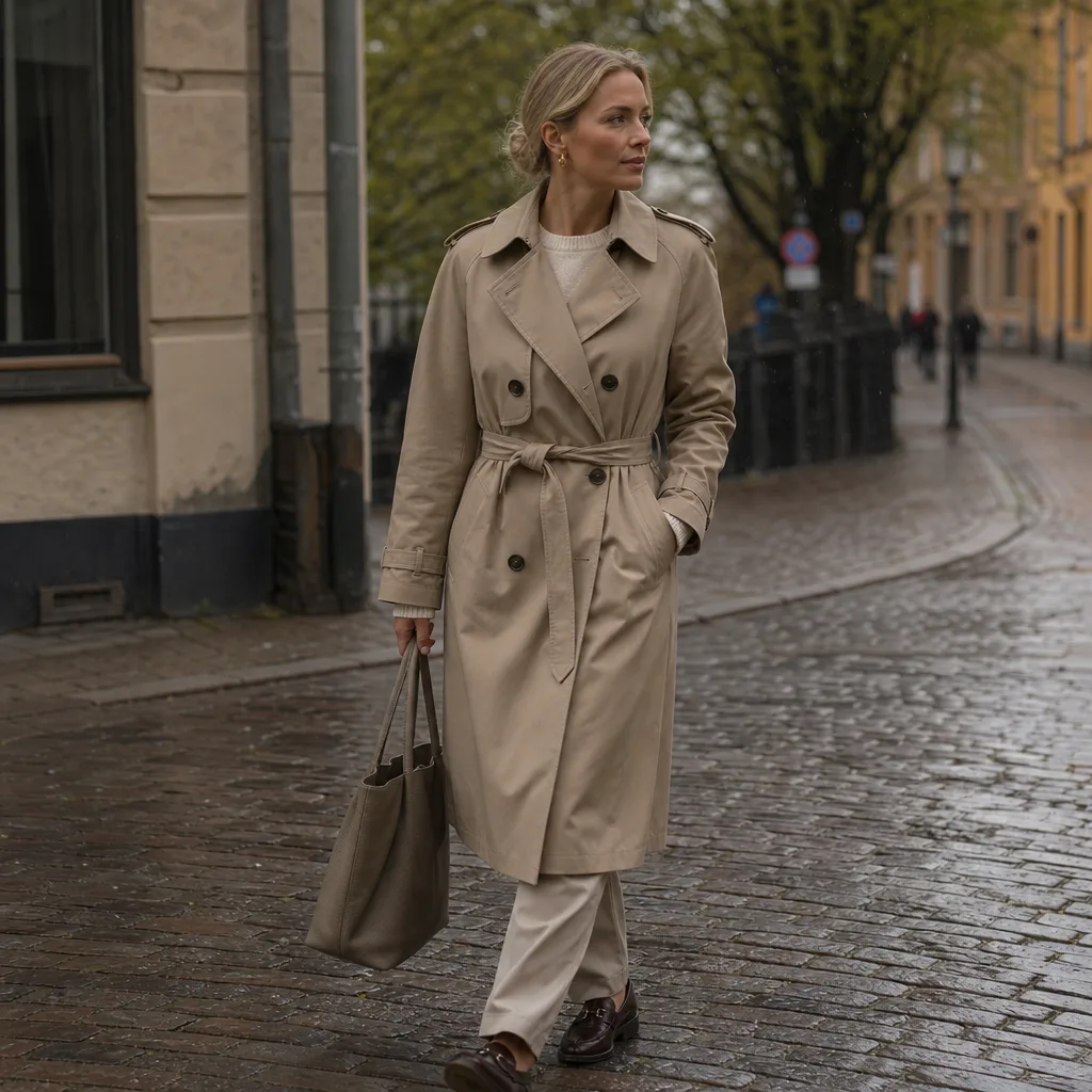 Kvinna i klassisk beige trenchcoat på kullerstensbelagd stadsgata i Sverige under vårregn