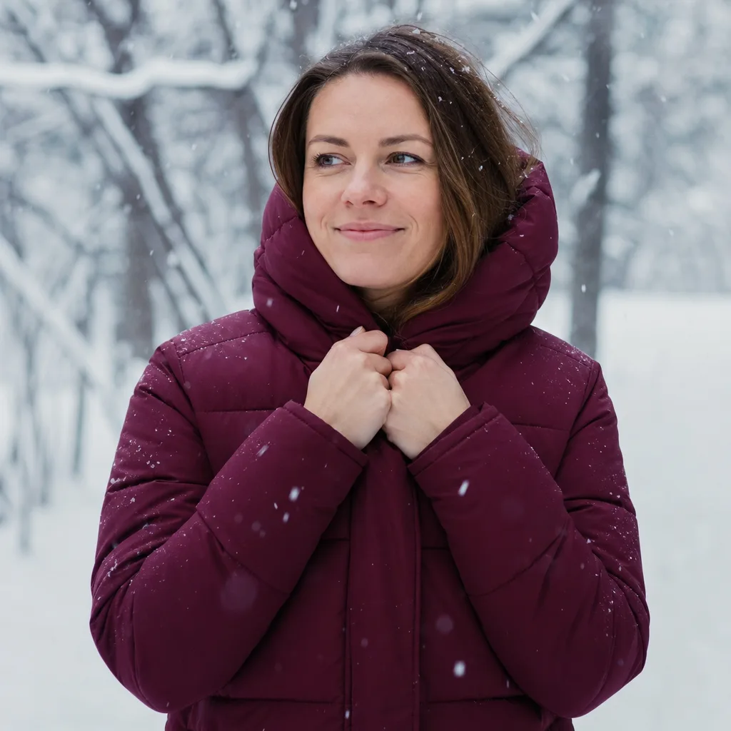 Kvinna i varm nordisk vinterjacka i snöigt landskap