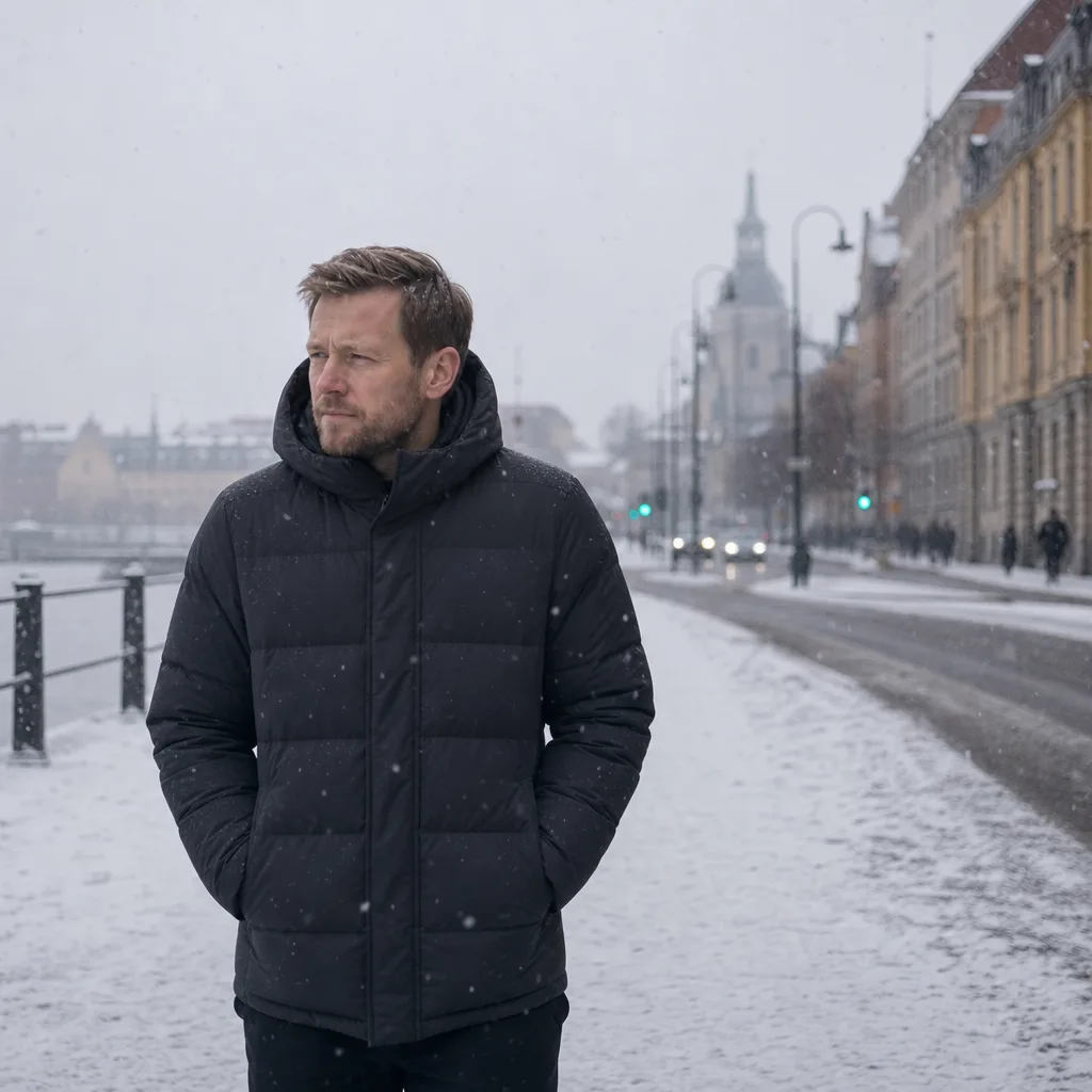 Person i tjock vinterjacka på en snöig svensk stadsgata
