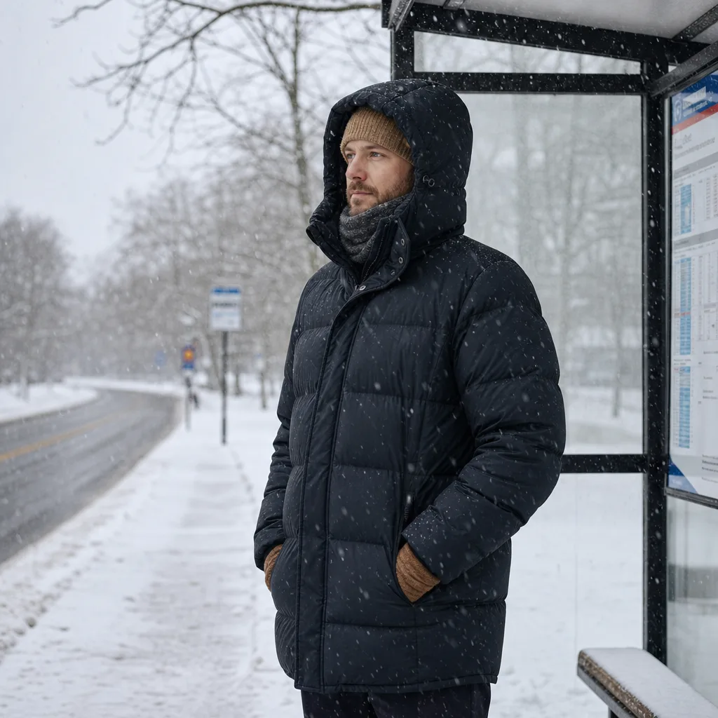 Person i varm vinterjacka vid nordisk busshållplats under lätt snöfall