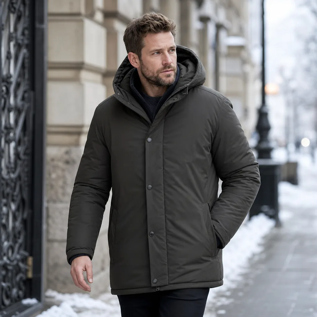 Man i varm vinterjacka eller parkas på gatumiljö i nordisk vinter