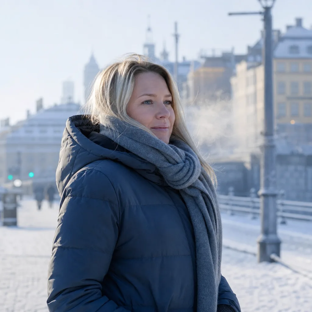 Kvinna i tjock vadderad vinterjacka och halsduk i snöig stadsmiljö, synligt andetag i kylan